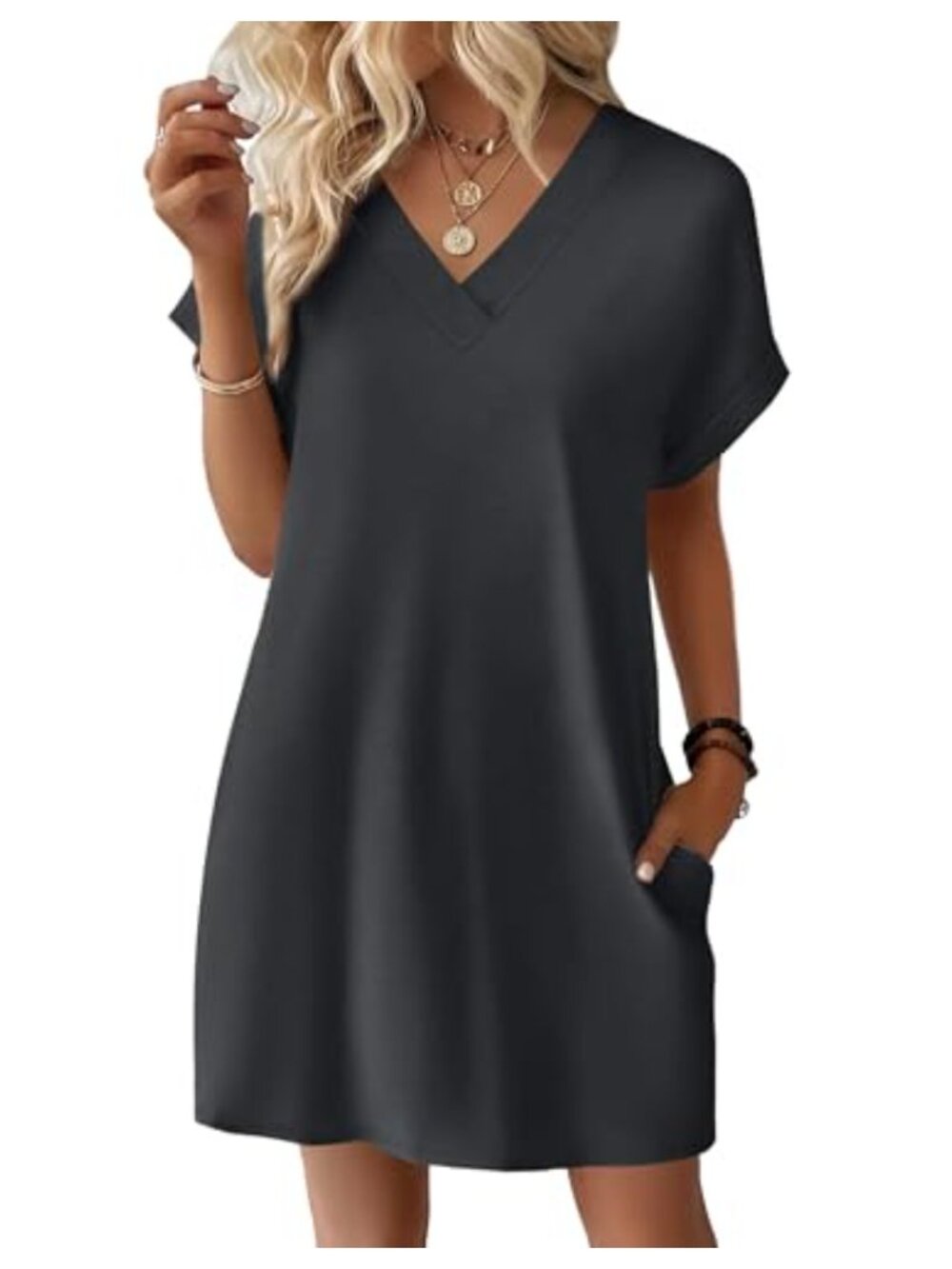 Women's Casual Summer T-Shirt Dress Short Rolled Sleeve Loose Fit with Pockets